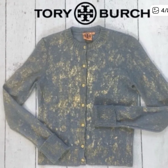 Tory Burch metallic blue/gray gold shimmer button up cardigan sweater xs RARE